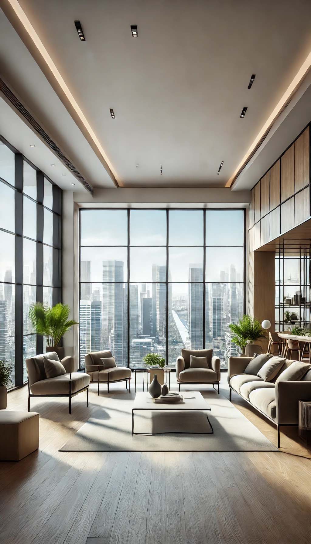 Aluminium Glass Doors & Windows2 Contemporary living room with large aluminium-framed glass windows showcasing a city view.