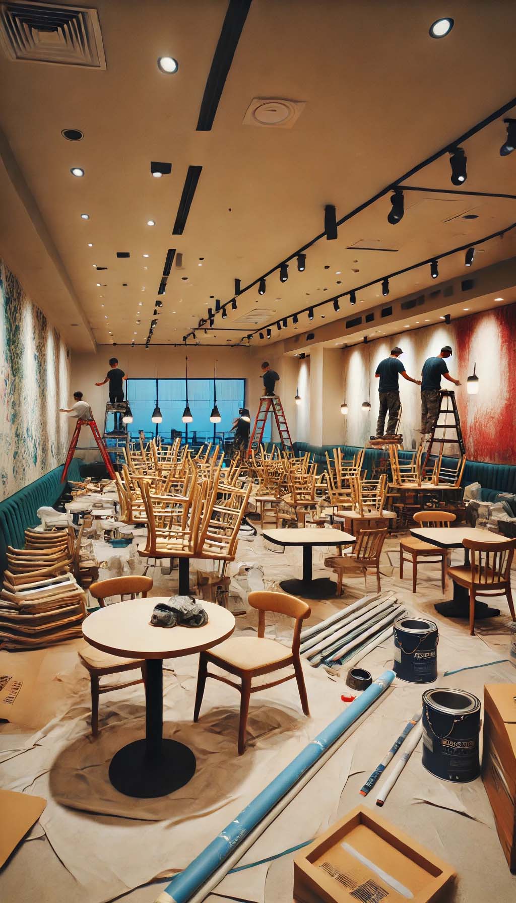 Business Renovations2 Restaurant renovation with new furniture installation and wall painting in progress.