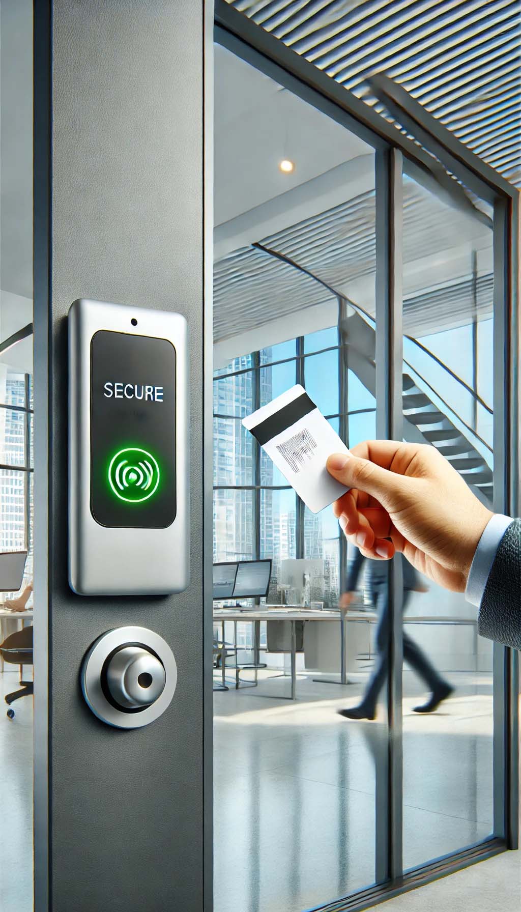 access control2 RFID card reader installed at a secure door entrance with a keycard in use.