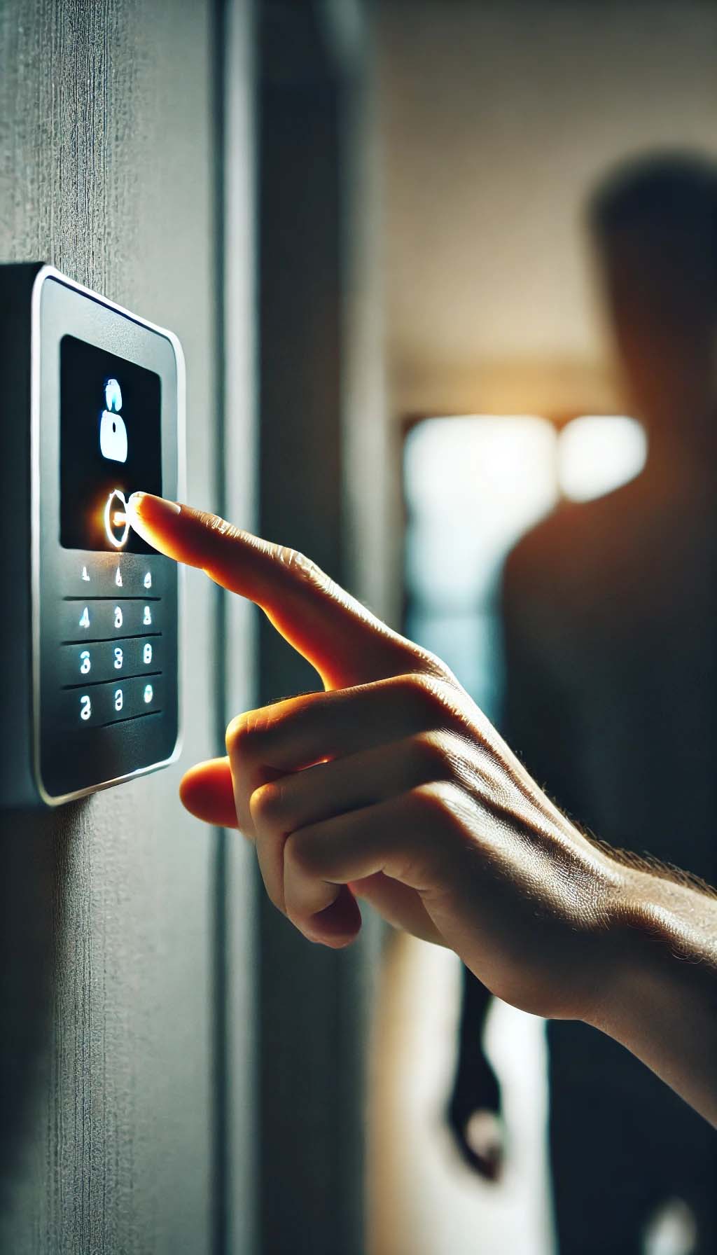 alarm Close-up of a hand interacting with a modern security panel, activating an alarm. The glowing touch interface is illuminated softly, while the figure remains blurred in the background, emphasizing the action and the secure environment.