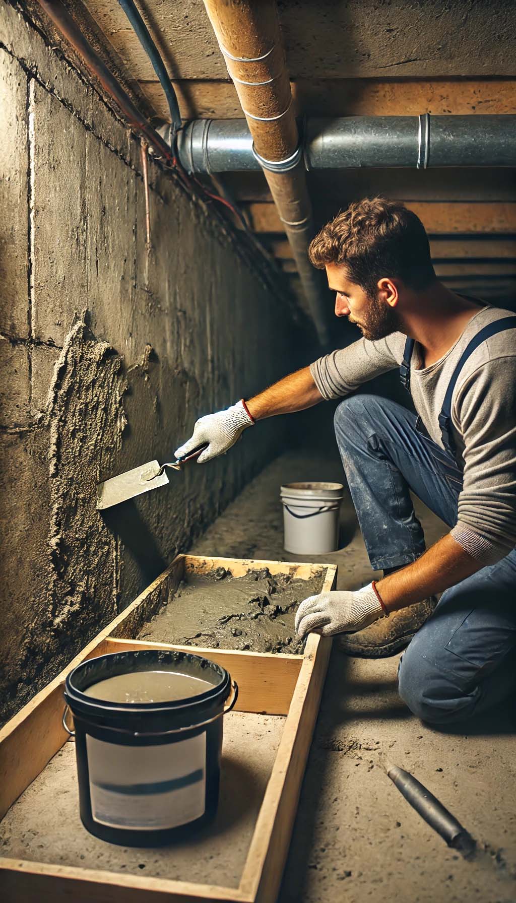 waterproofing2 Contractor applying cementitious waterproofing on a concrete wall for moisture control.
